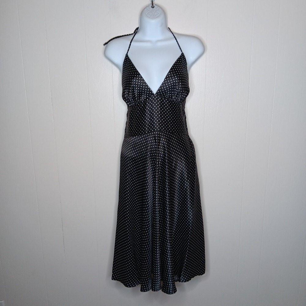 ALYN PAIGE Fit & Flare Satin Dress 5/6 Black White Polka Dot Halter Retro Y2K